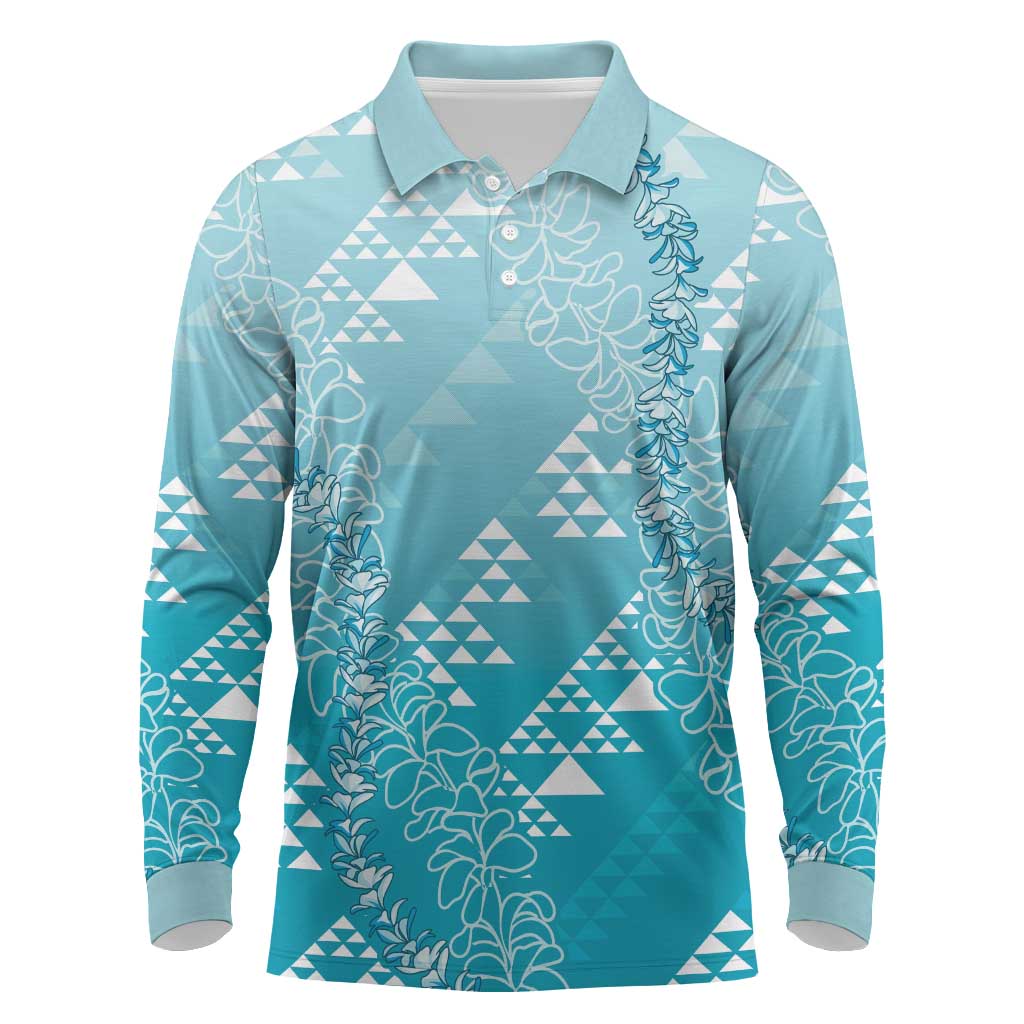 Hawaii Turquoise Kapa Long Sleeve Polo Shirt Vintage 'Ohe Kāpala Motifs Mix Plumeria Leis