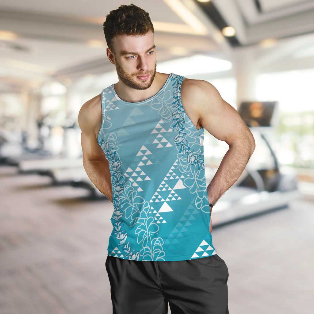 Hawaii Turquoise Kapa Men Tank Top Vintage 'Ohe Kāpala Motifs Mix Plumeria Leis LT7 Turquoise - Polynesian Pride