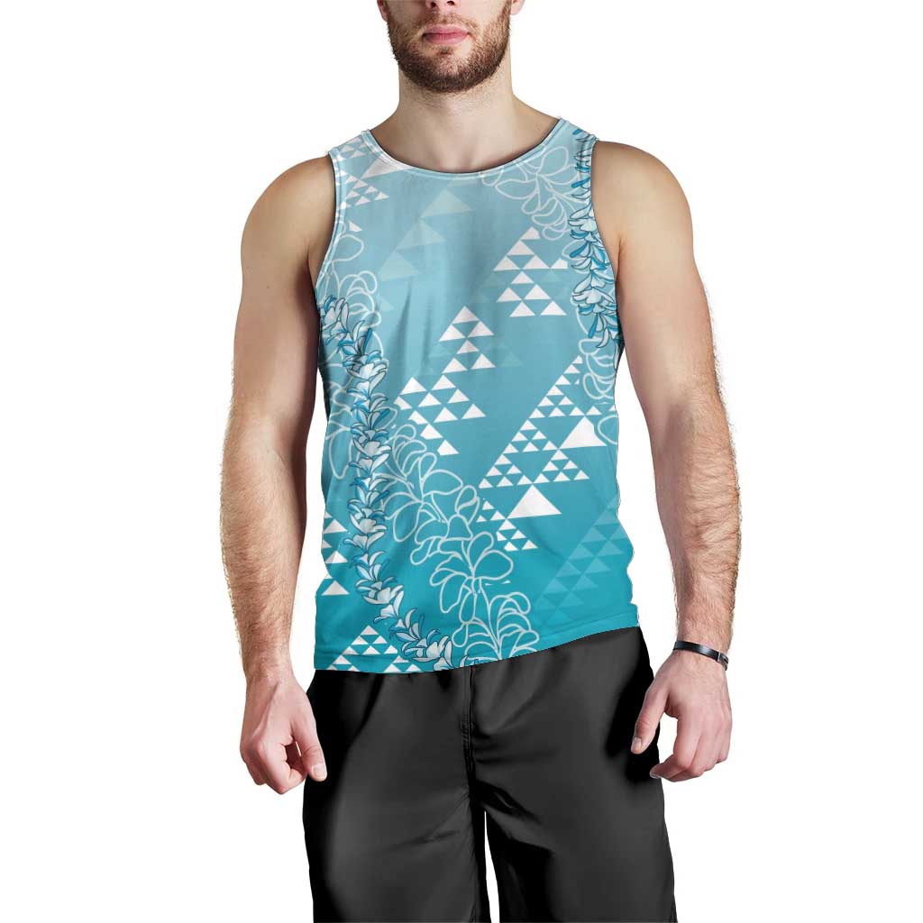 Hawaii Turquoise Kapa Men Tank Top Vintage 'Ohe Kāpala Motifs Mix Plumeria Leis LT7 - Polynesian Pride