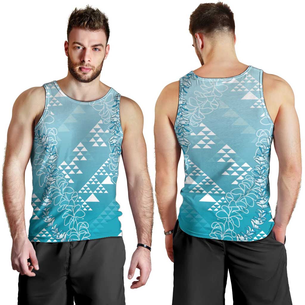 Hawaii Turquoise Kapa Men Tank Top Vintage 'Ohe Kāpala Motifs Mix Plumeria Leis LT7 - Polynesian Pride