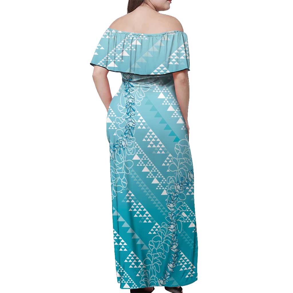 Hawaii Turquoise Kapa Off Shoulder Maxi Dress Vintage 'Ohe Kāpala Motifs Mix Plumeria Leis LT7 - Polynesian Pride