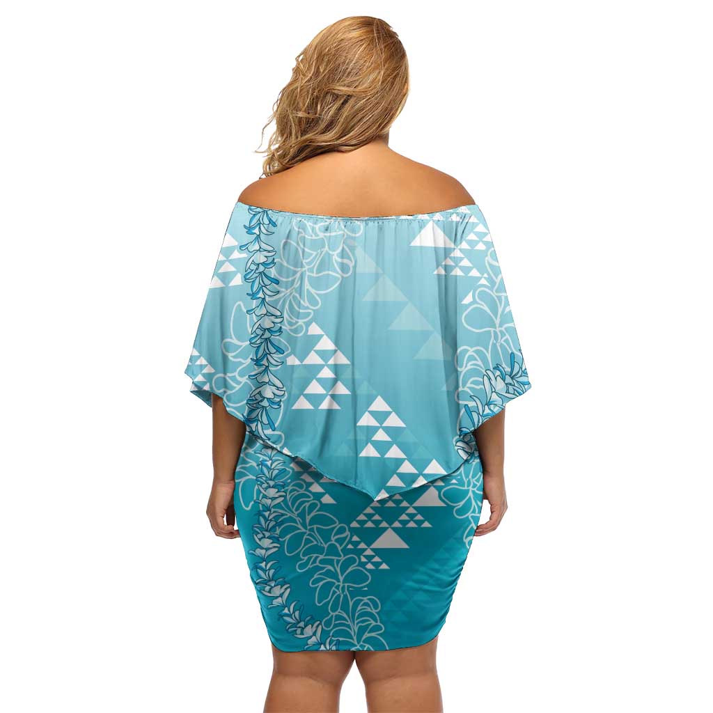 Hawaii Turquoise Kapa Off Shoulder Short Dress Vintage 'Ohe Kāpala Motifs Mix Plumeria Leis LT7 - Polynesian Pride