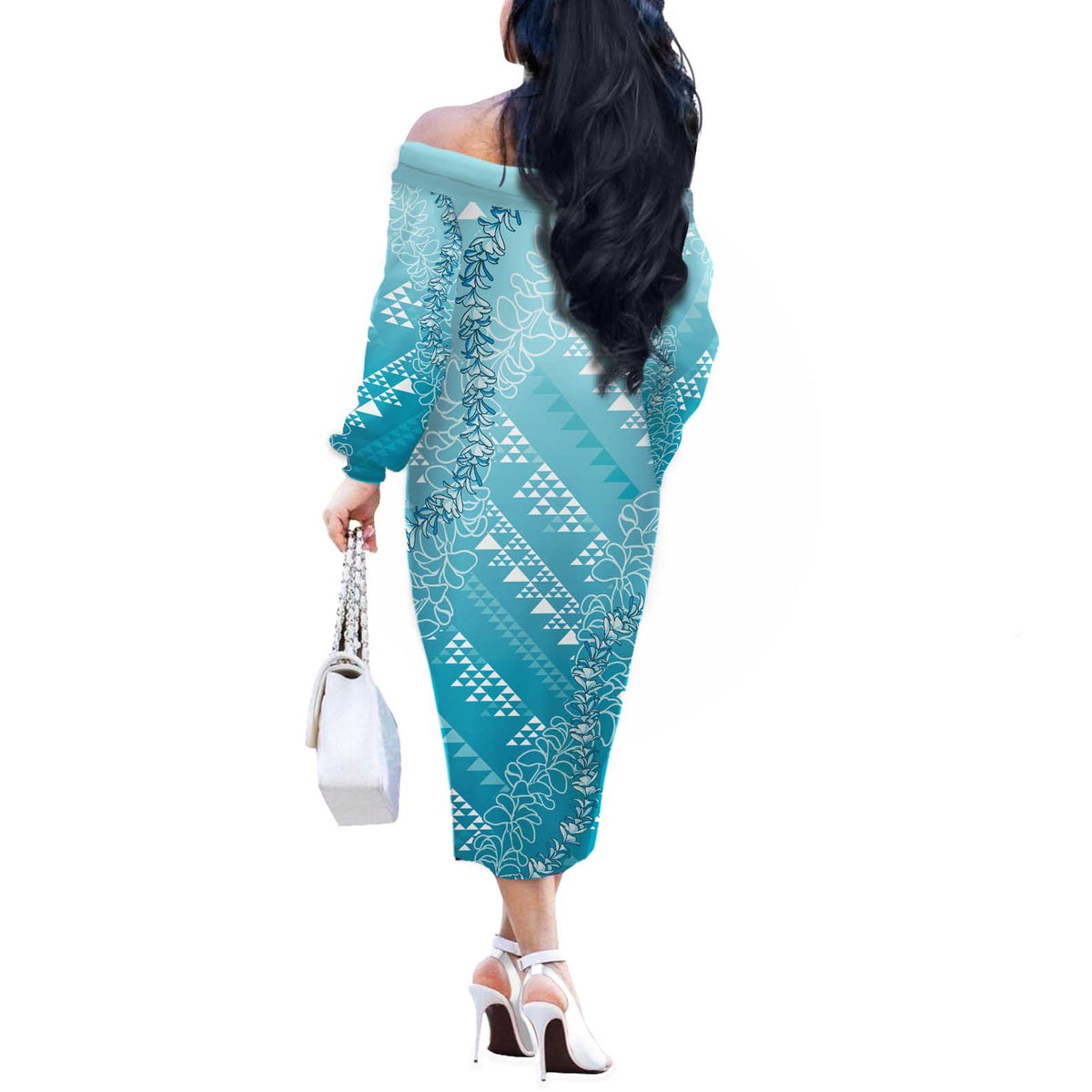 Hawaii Turquoise Kapa Off The Shoulder Long Sleeve Dress Vintage 'Ohe Kāpala Motifs Mix Plumeria Leis LT7 - Polynesian Pride