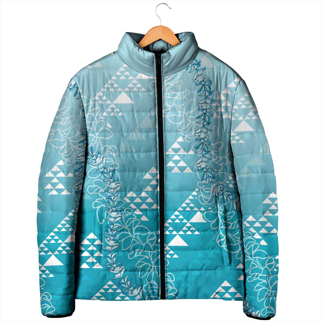 Hawaii Turquoise Kapa Padded Jacket Vintage 'Ohe Kāpala Motifs Mix Plumeria Leis