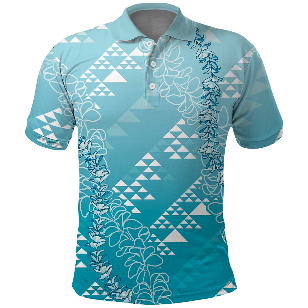 Hawaii Turquoise Kapa Polo Shirt Vintage 'Ohe Kāpala Motifs Mix Plumeria Leis