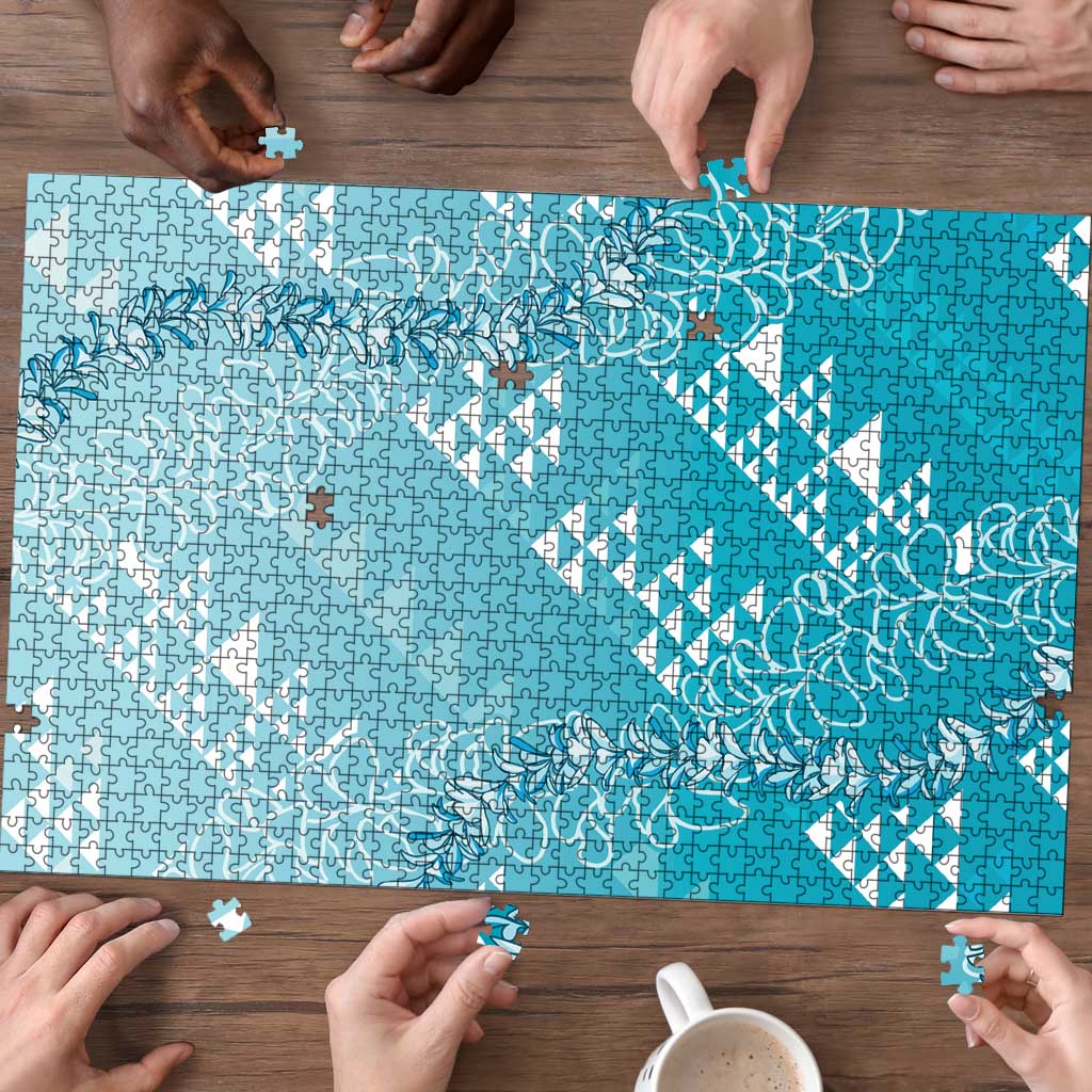 Hawaii Turquoise Kapa Puzzle Vintage 'Ohe Kāpala Motifs Mix Plumeria Leis
