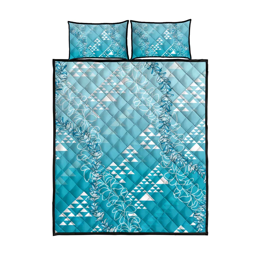 Hawaii Turquoise Kapa Quilt Bed Set Vintage 'Ohe Kāpala Motifs Mix Plumeria Leis LT7 - Polynesian Pride