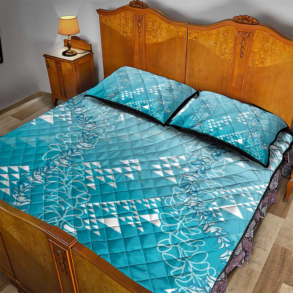 Hawaii Turquoise Kapa Quilt Bed Set Vintage 'Ohe Kāpala Motifs Mix Plumeria Leis LT7 - Polynesian Pride
