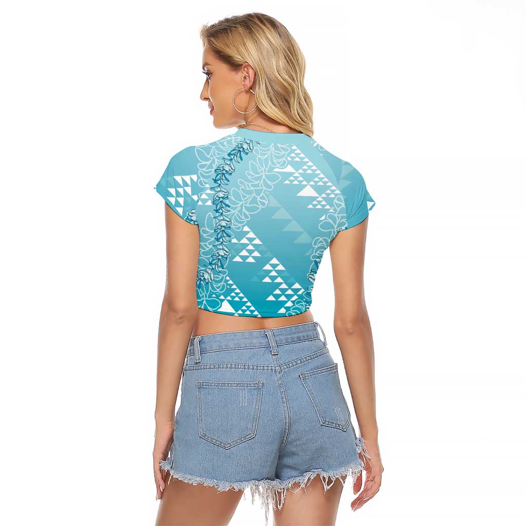 Hawaii Turquoise Kapa Raglan Cropped T Shirt Vintage 'Ohe Kāpala Motifs Mix Plumeria Leis LT7 - Polynesian Pride