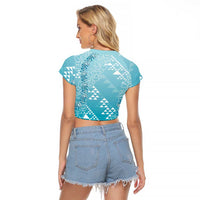Hawaii Turquoise Kapa Raglan Cropped T Shirt Vintage 'Ohe Kāpala Motifs Mix Plumeria Leis LT7 - Polynesian Pride