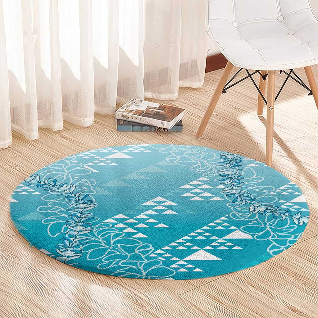 Hawaii Turquoise Kapa Round Carpet Vintage 'Ohe Kāpala Motifs Mix Plumeria Leis