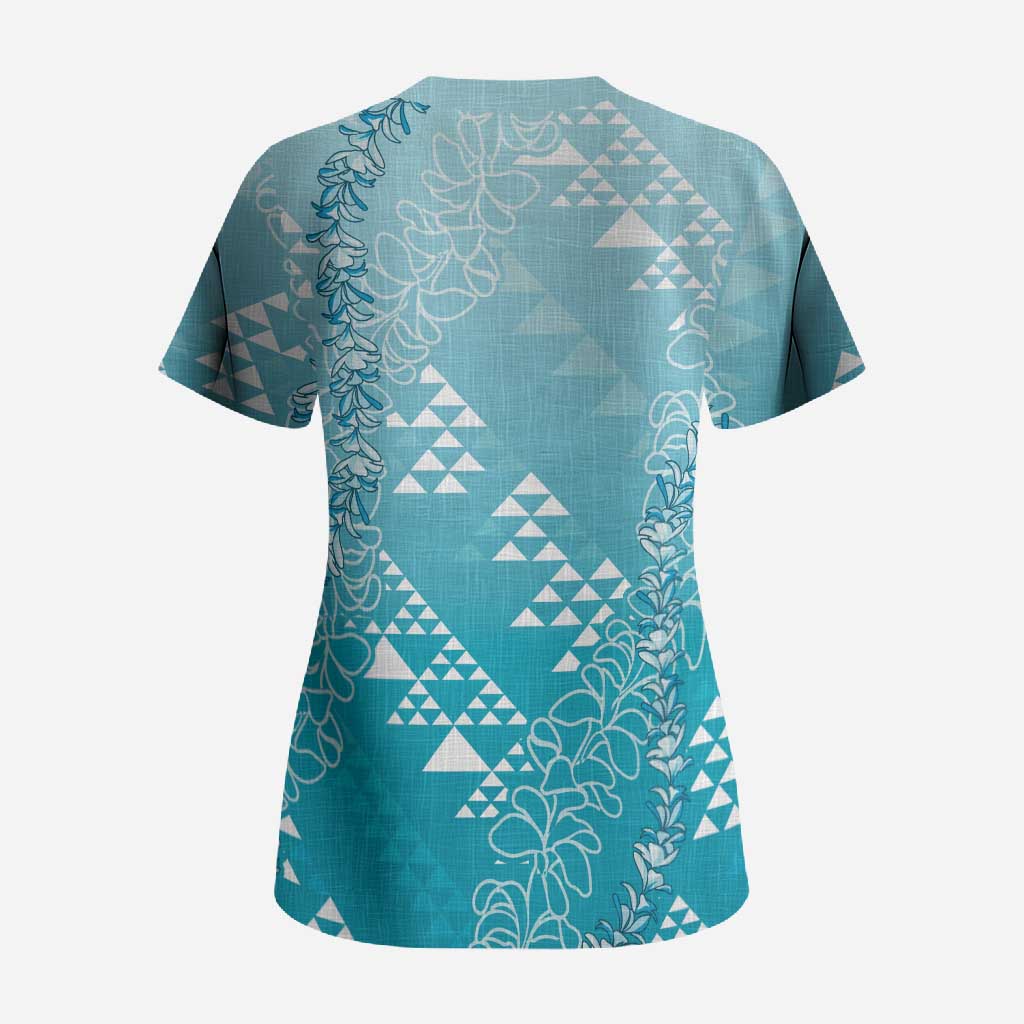 Hawaii Turquoise Kapa Scrub Top Vintage 'Ohe Kāpala Motifs Mix Plumeria Leis