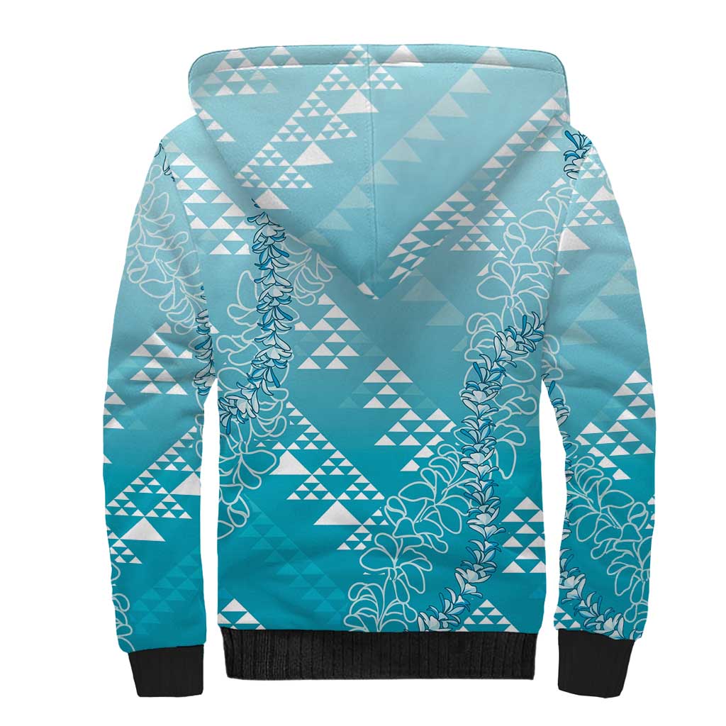 Hawaii Turquoise Kapa Sherpa Hoodie Vintage 'Ohe Kāpala Motifs Mix Plumeria Leis LT7 - Polynesian Pride