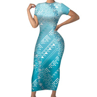 Hawaii Turquoise Kapa Short Sleeve Bodycon Dress Vintage 'Ohe Kāpala Motifs Mix Plumeria Leis LT7 Long Dress Turquoise - Polynesian Pride