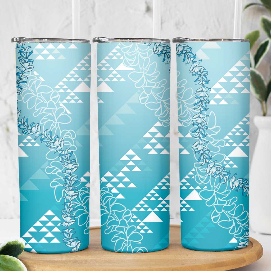 Hawaii Turquoise Kapa Skinny Tumbler Vintage 'Ohe Kāpala Motifs Mix Plumeria Leis