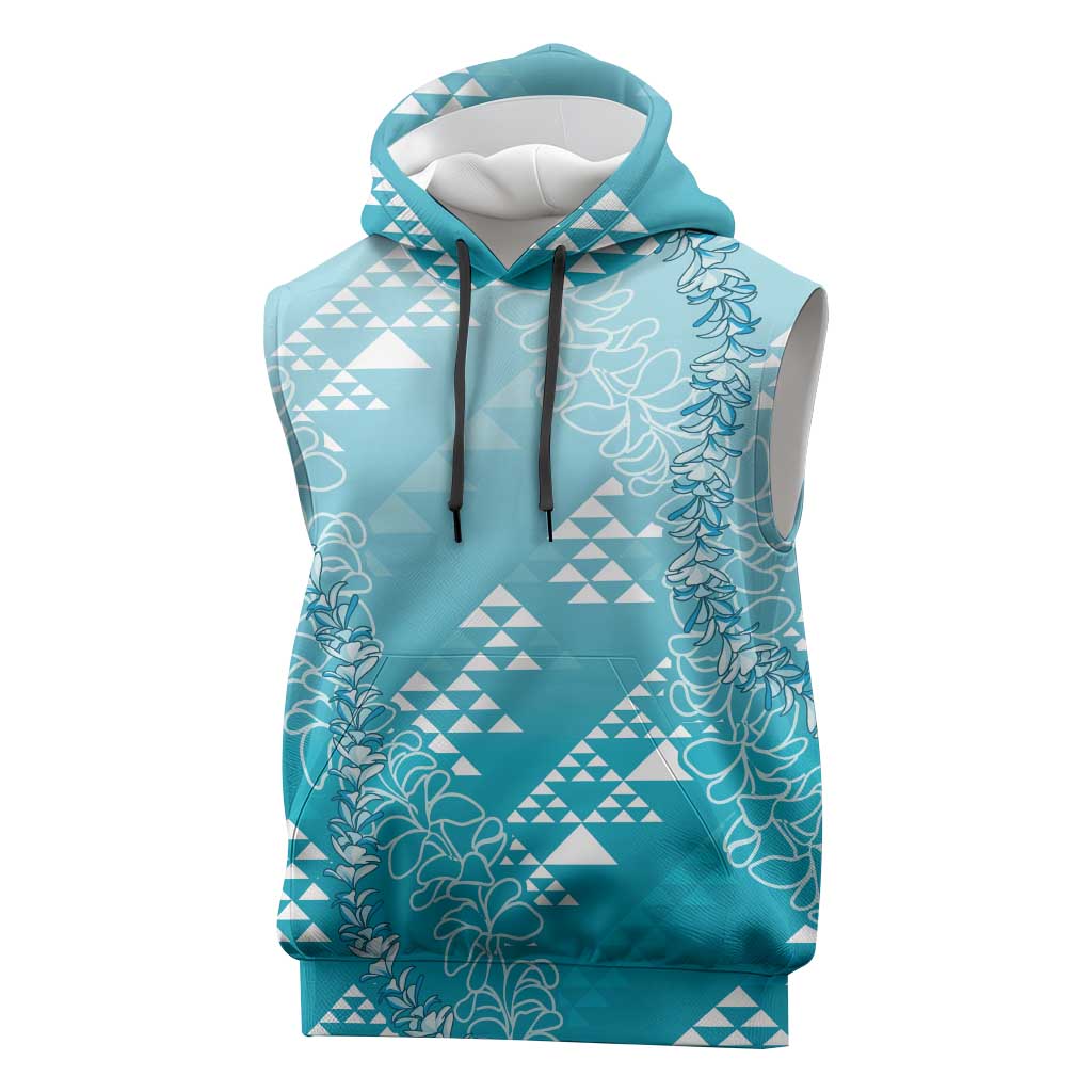 Hawaii Turquoise Kapa Sleeveless Hoodie Vintage 'Ohe Kāpala Motifs Mix Plumeria Leis LT7 Turquoise - Polynesian Pride