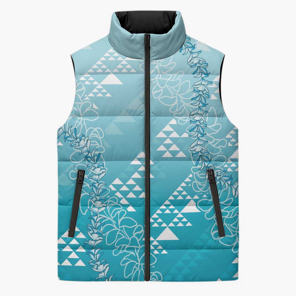 Hawaii Turquoise Kapa Sleeveless Puffer Jacket Vintage 'Ohe Kāpala Motifs Mix Plumeria Leis LT7 Unisex Turquoise - Polynesian Pride