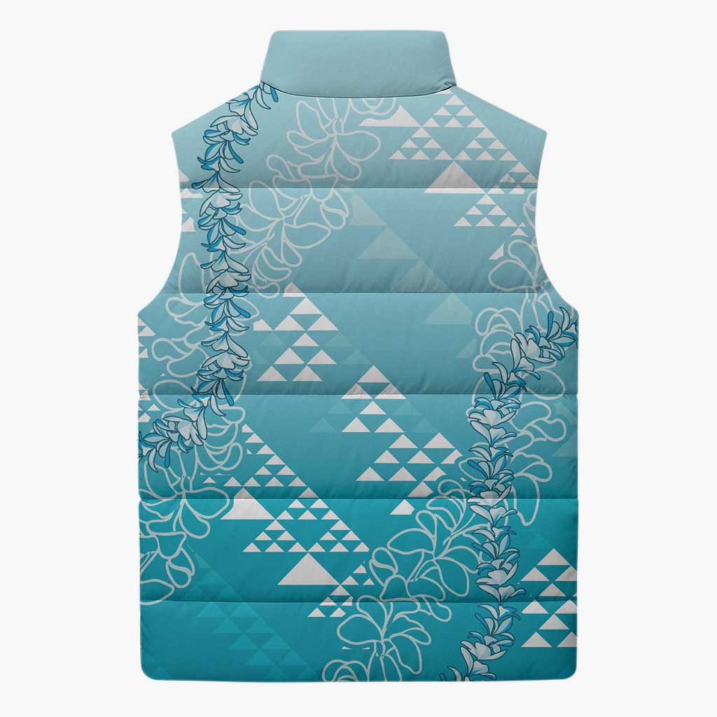 Hawaii Turquoise Kapa Sleeveless Puffer Jacket Vintage 'Ohe Kāpala Motifs Mix Plumeria Leis LT7 - Polynesian Pride