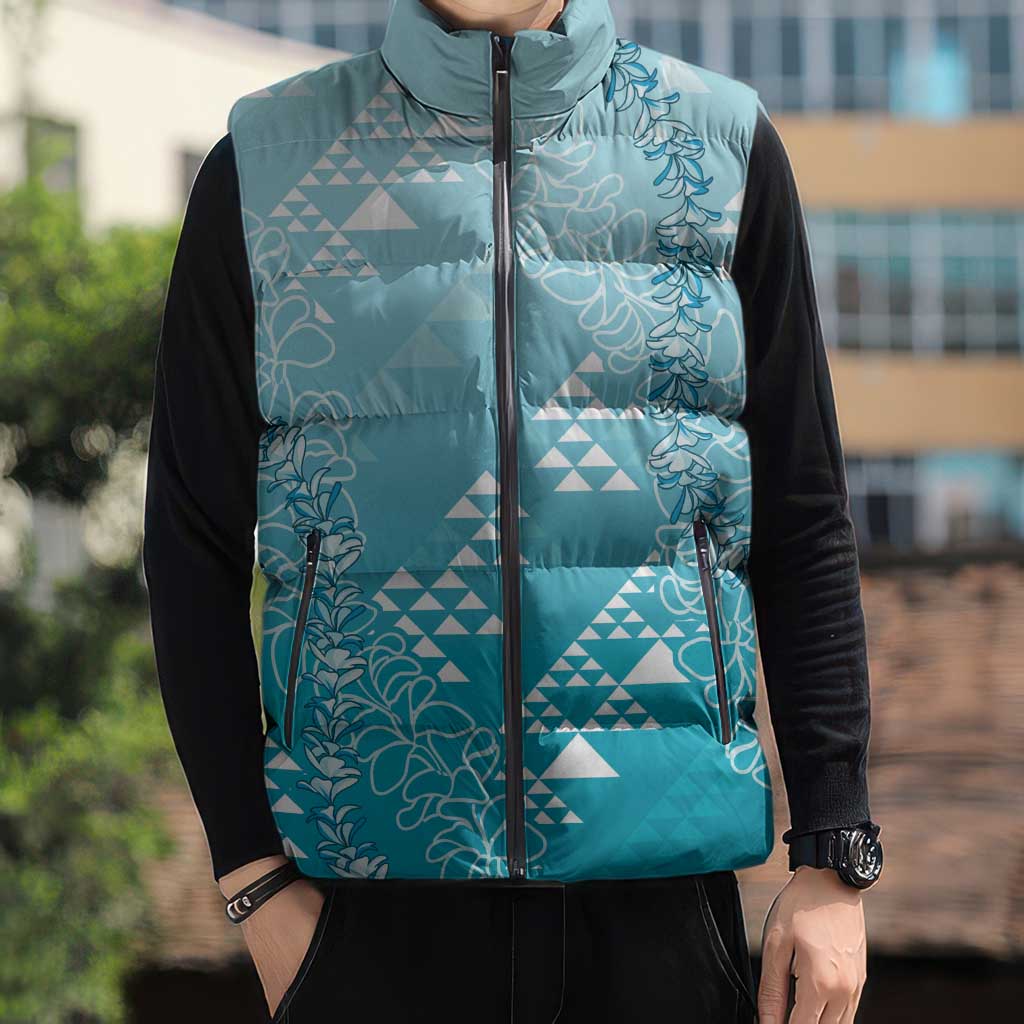Hawaii Turquoise Kapa Sleeveless Puffer Jacket Vintage 'Ohe Kāpala Motifs Mix Plumeria Leis LT7 - Polynesian Pride
