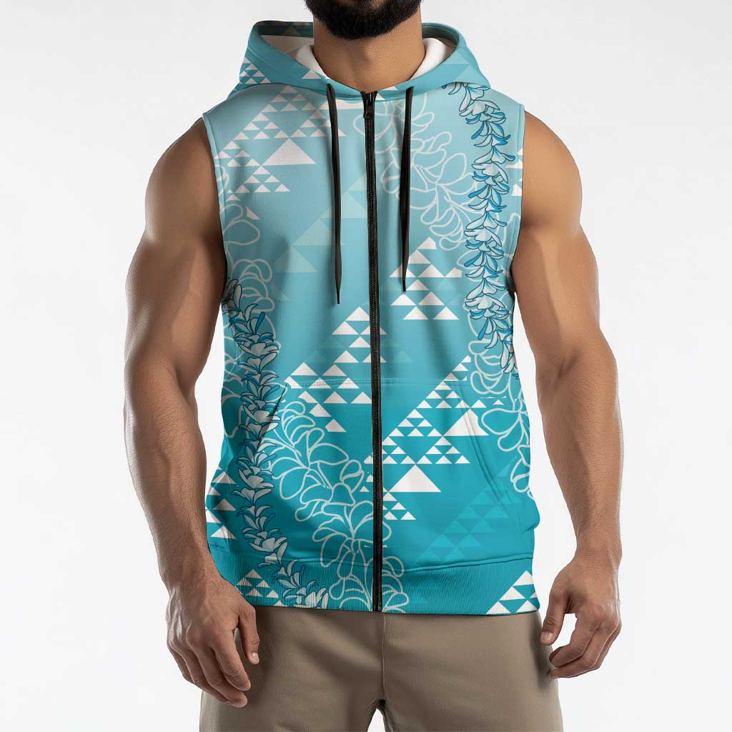 Hawaii Turquoise Kapa Sleeveless Zip Hoodie Vintage 'Ohe Kāpala Motifs Mix Plumeria Leis LT7 - Polynesian Pride