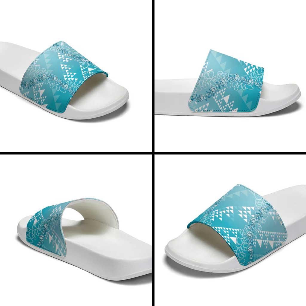 Hawaii Turquoise Kapa Slide Sandals Vintage 'Ohe Kāpala Motifs Mix Plumeria Leis LT7 - Polynesian Pride