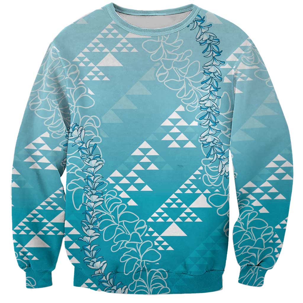 Hawaii Turquoise Kapa Sweatshirt Vintage 'Ohe Kāpala Motifs Mix Plumeria Leis