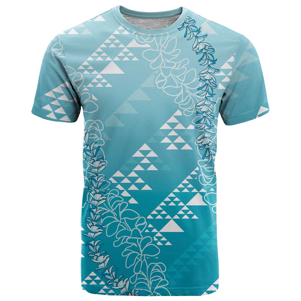 Hawaii Turquoise Kapa T Shirt Vintage 'Ohe Kāpala Motifs Mix Plumeria Leis LT7 Turquoise - Polynesian Pride