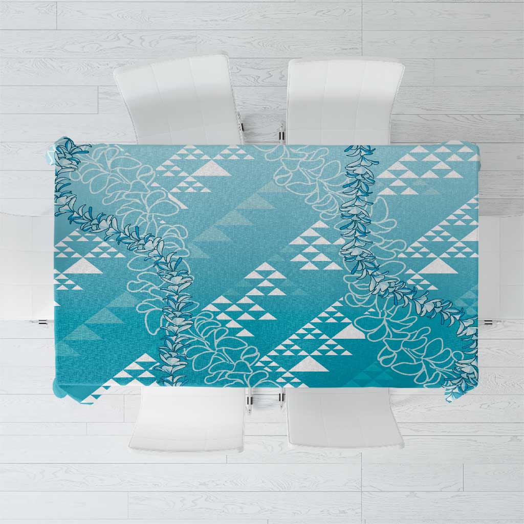 Hawaii Turquoise Kapa Tablecloth Vintage 'Ohe Kāpala Motifs Mix Plumeria Leis