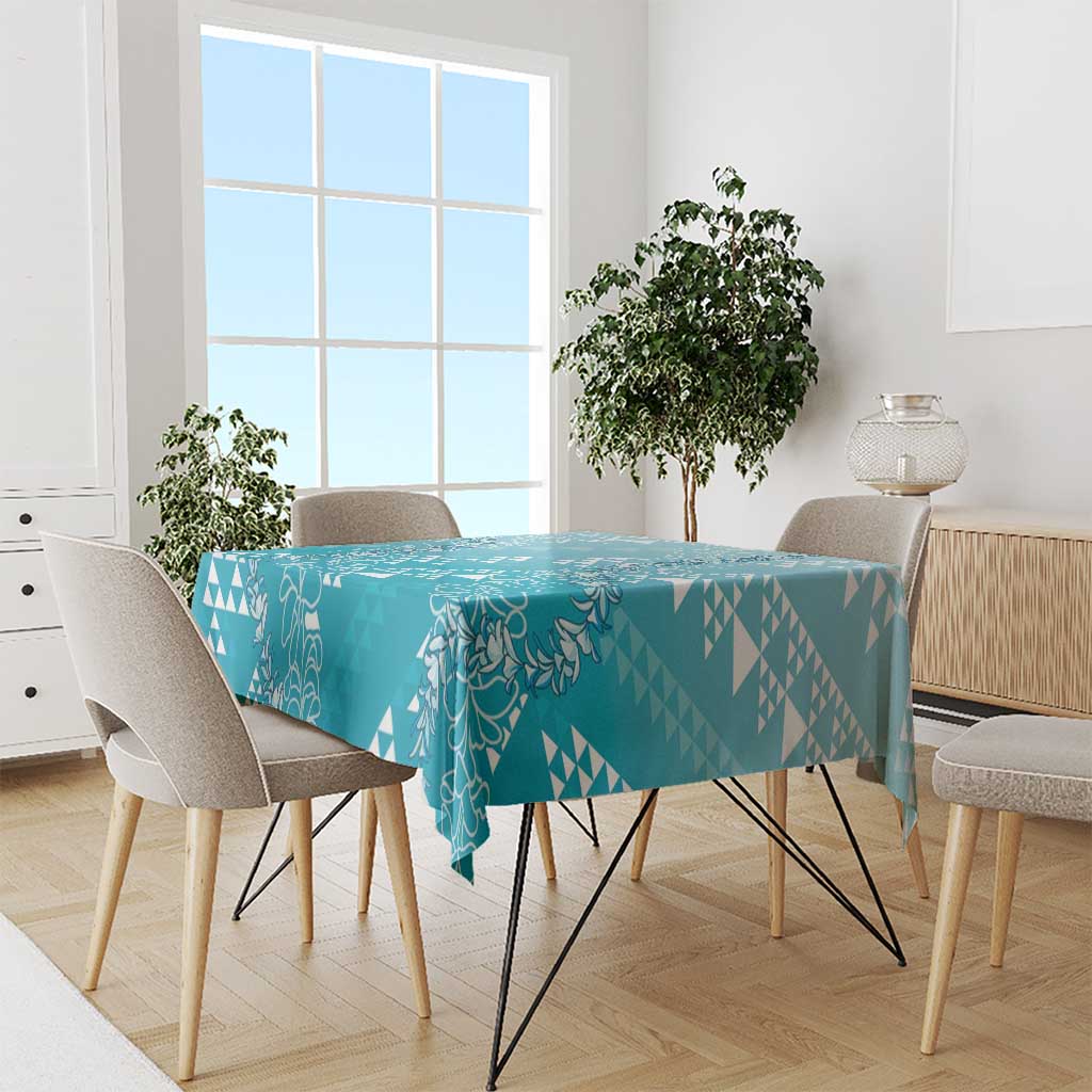 Hawaii Turquoise Kapa Tablecloth Vintage 'Ohe Kāpala Motifs Mix Plumeria Leis