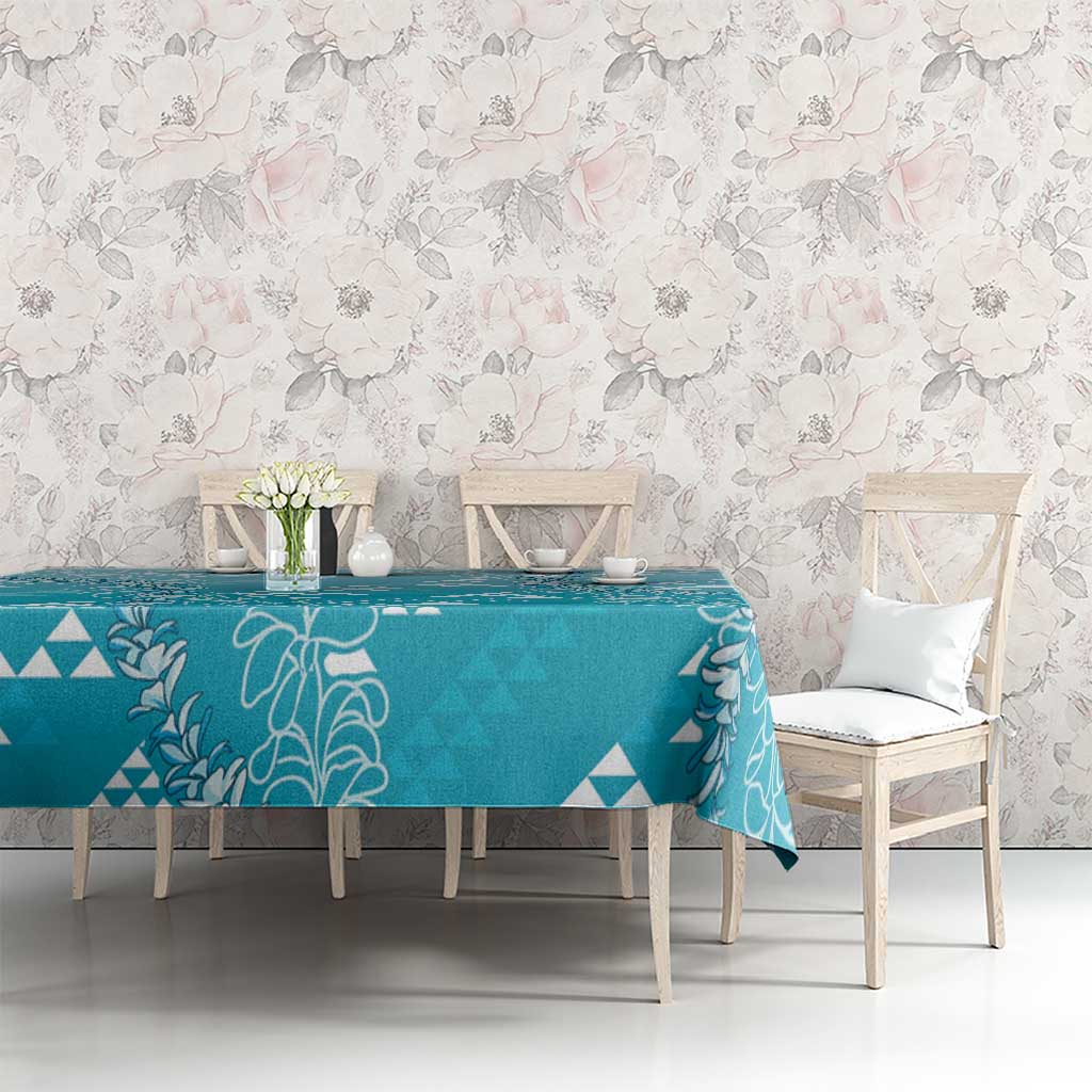 Hawaii Turquoise Kapa Tablecloth Vintage 'Ohe Kāpala Motifs Mix Plumeria Leis