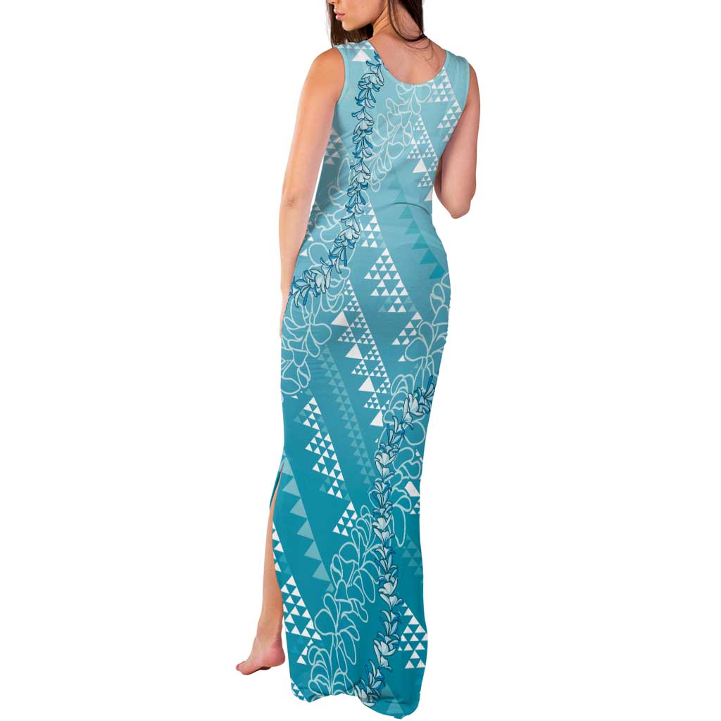 Hawaii Turquoise Kapa Tank Maxi Dress Vintage 'Ohe Kāpala Motifs Mix Plumeria Leis LT7 - Polynesian Pride