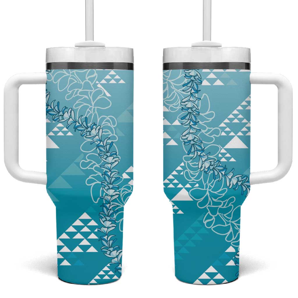 Hawaii Turquoise Kapa Tumbler With Handle Vintage 'Ohe Kāpala Motifs Mix Plumeria Leis LT7 One Size: 40 oz Turquoise - Polynesian Pride