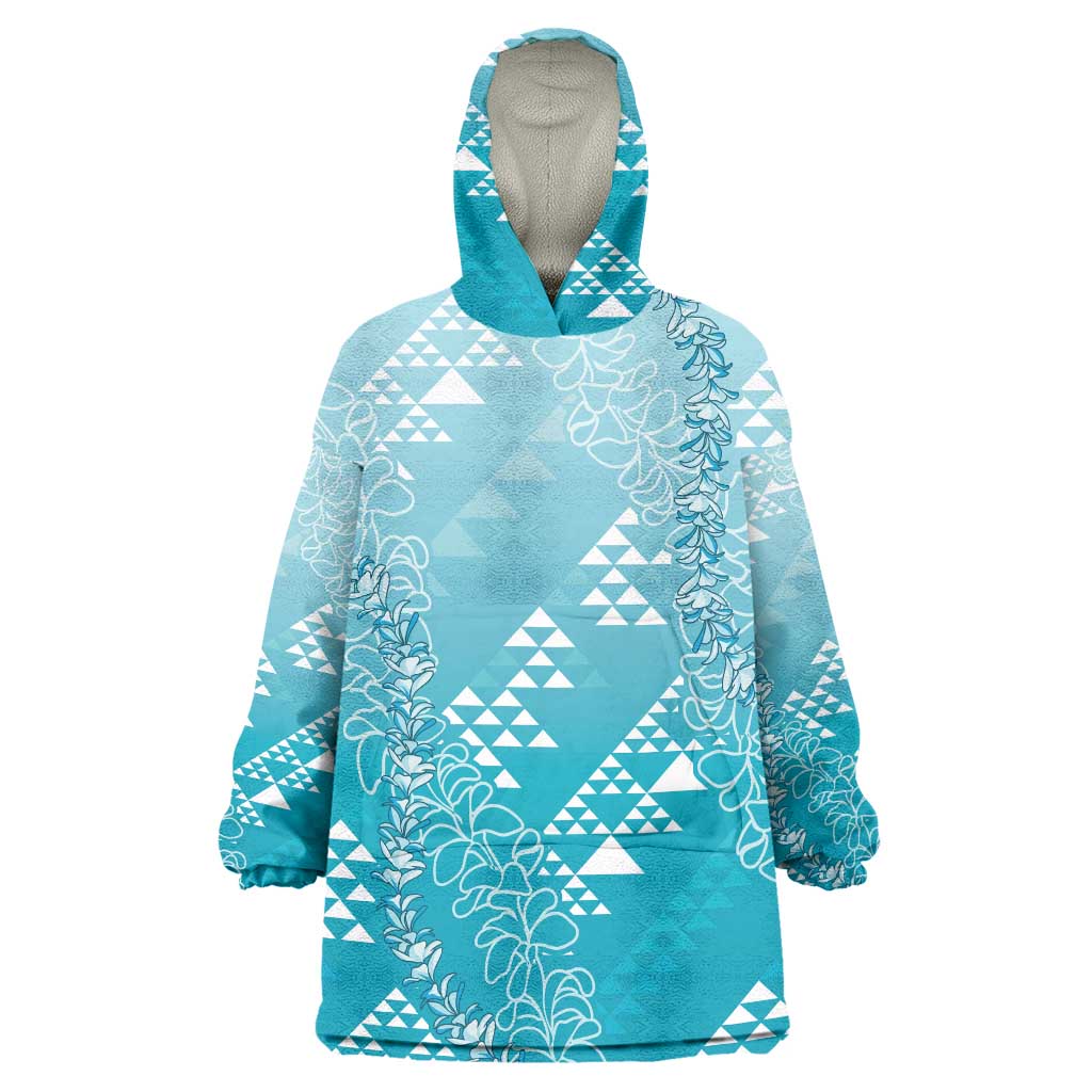 Hawaii Turquoise Kapa Wearable Blanket Hoodie Vintage 'Ohe Kāpala Motifs Mix Plumeria Leis LT7 One Size Turquoise - Polynesian Pride