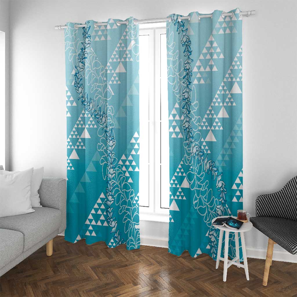 Hawaii Turquoise Kapa Window Curtain Vintage 'Ohe Kāpala Motifs Mix Plumeria Leis
