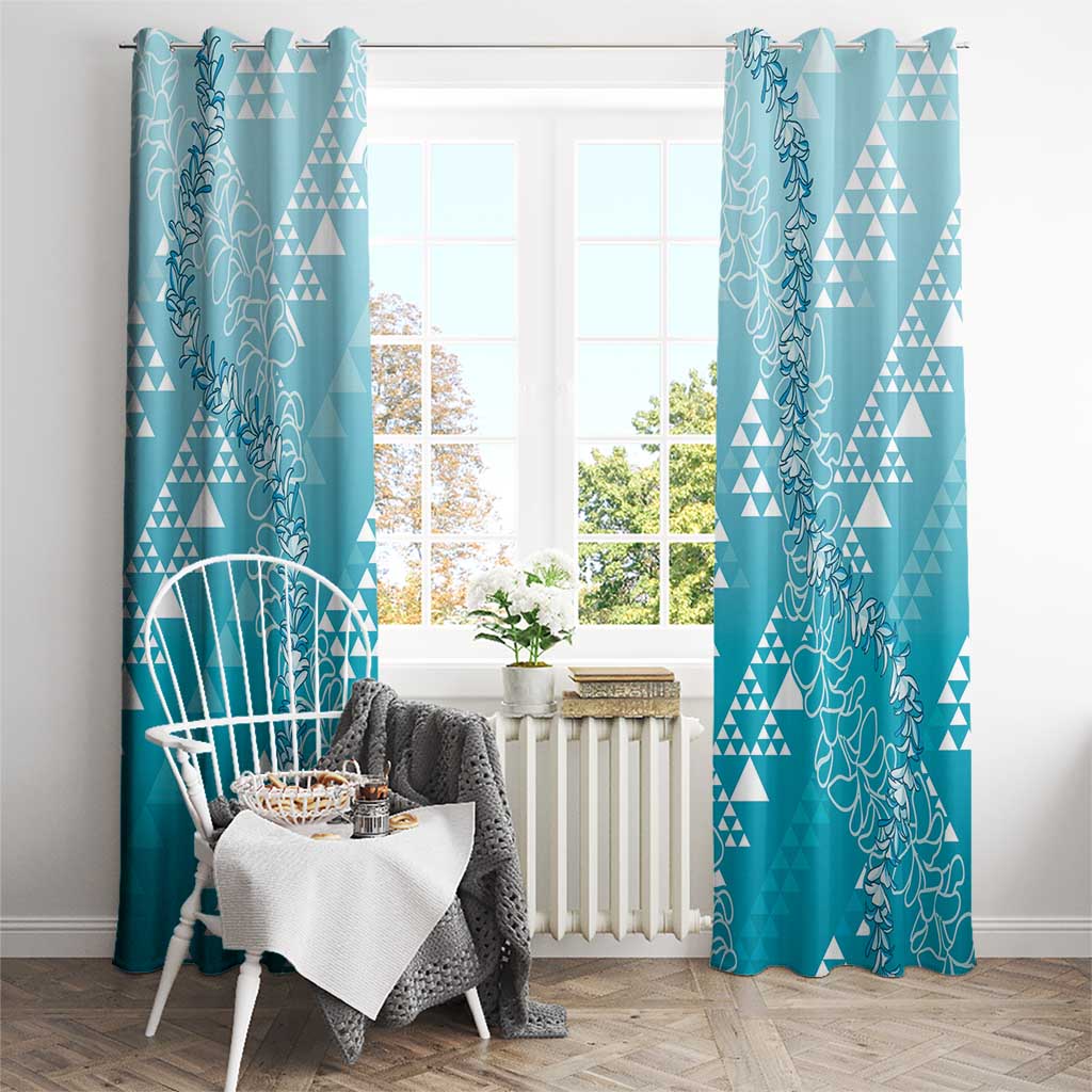 Hawaii Turquoise Kapa Window Curtain Vintage 'Ohe Kāpala Motifs Mix Plumeria Leis