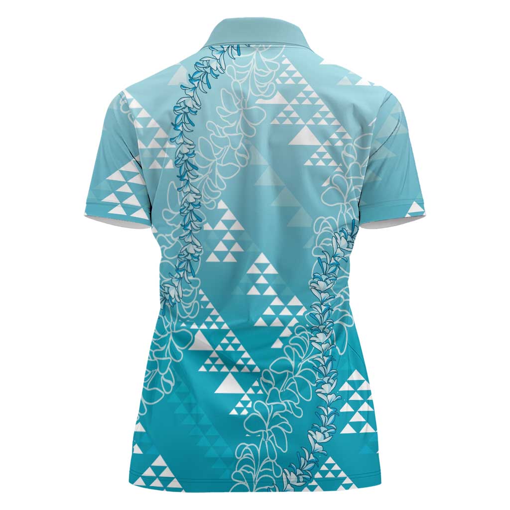 Hawaii Turquoise Kapa Women Polo Shirt Vintage 'Ohe Kāpala Motifs Mix Plumeria Leis