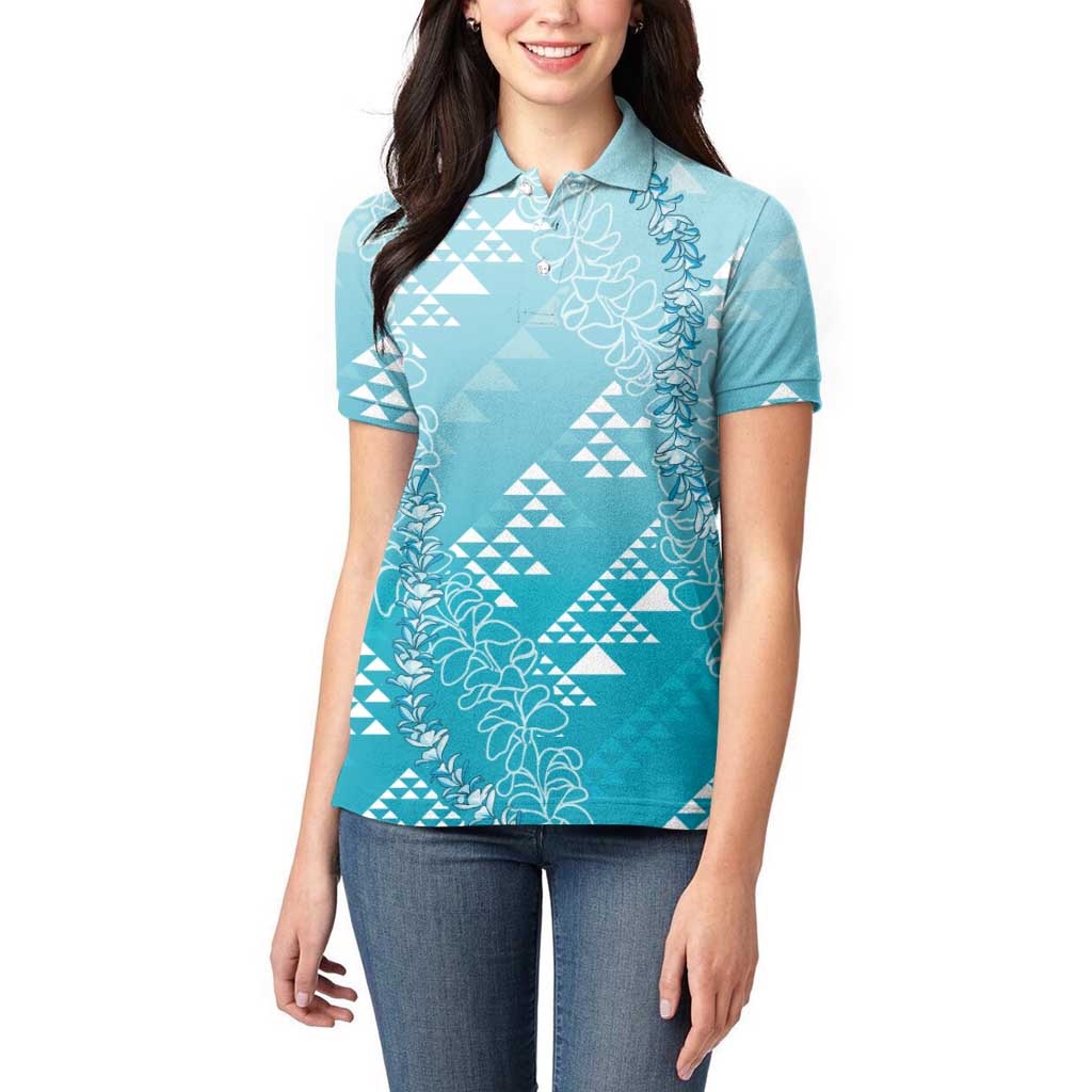 Hawaii Turquoise Kapa Women Polo Shirt Vintage 'Ohe Kāpala Motifs Mix Plumeria Leis
