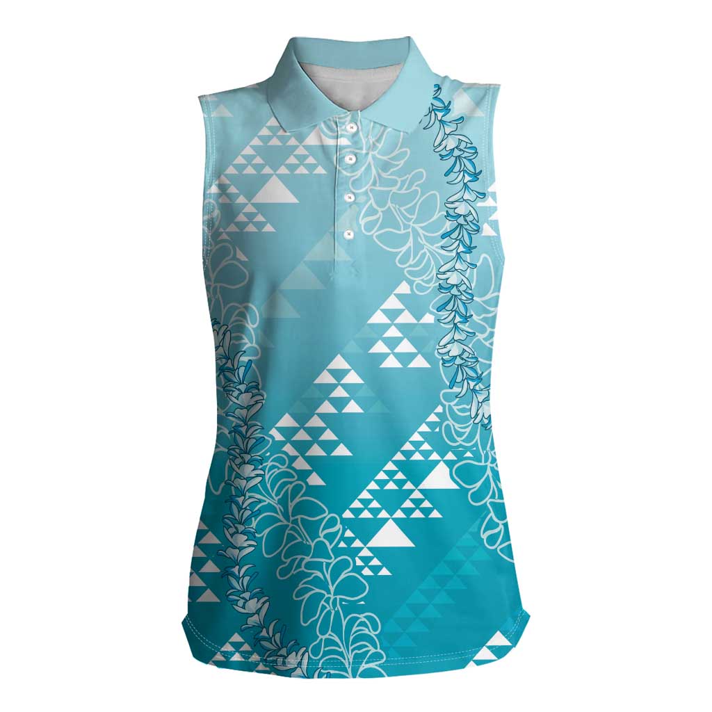 Hawaii Turquoise Kapa Women Sleeveless Polo Shirt Vintage 'Ohe Kāpala Motifs Mix Plumeria Leis