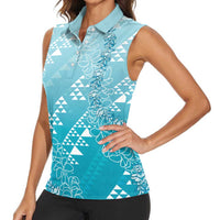 Hawaii Turquoise Kapa Women Sleeveless Polo Shirt Vintage 'Ohe Kāpala Motifs Mix Plumeria Leis