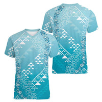 Hawaii Turquoise Kapa Women V-Neck T-Shirt Vintage 'Ohe Kāpala Motifs Mix Plumeria Leis