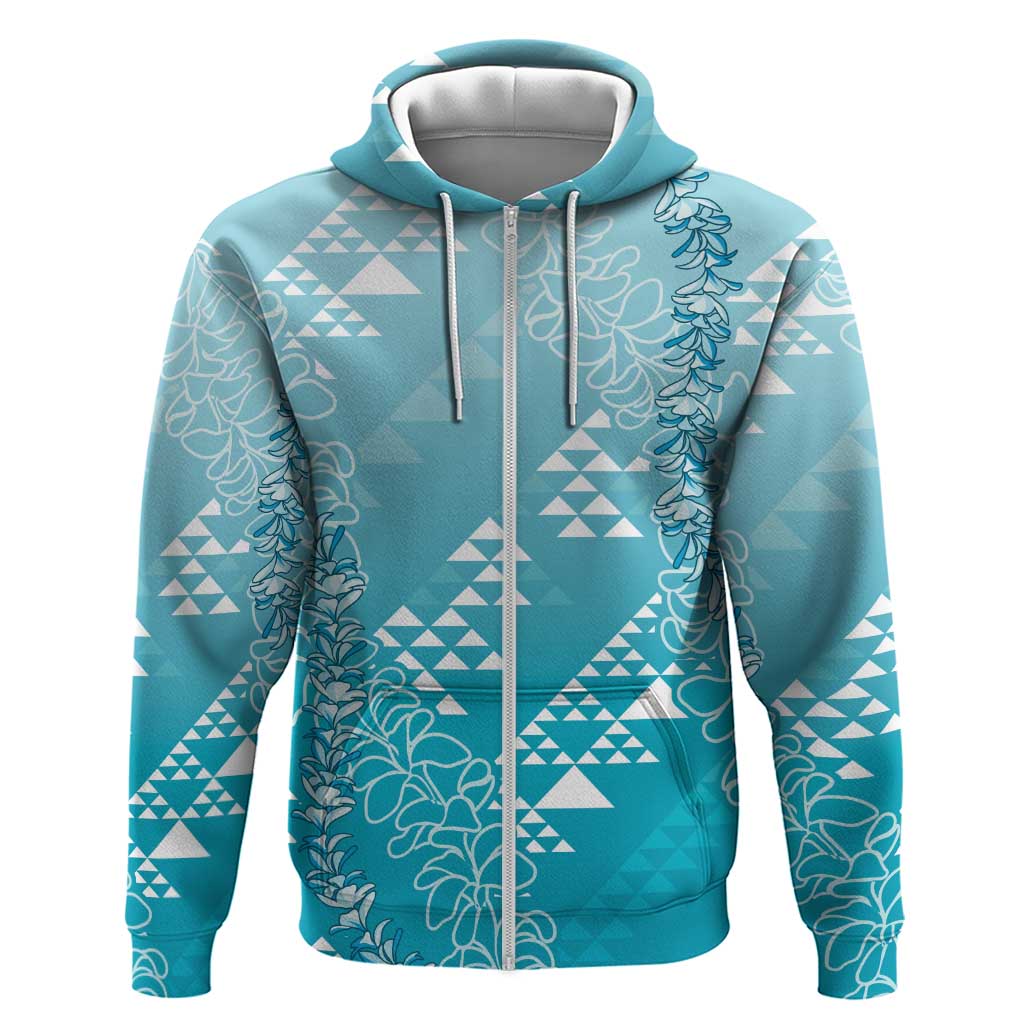 Hawaii Turquoise Kapa Zip Hoodie Vintage 'Ohe Kāpala Motifs Mix Plumeria Leis LT7 Zip Hoodie Turquoise - Polynesian Pride