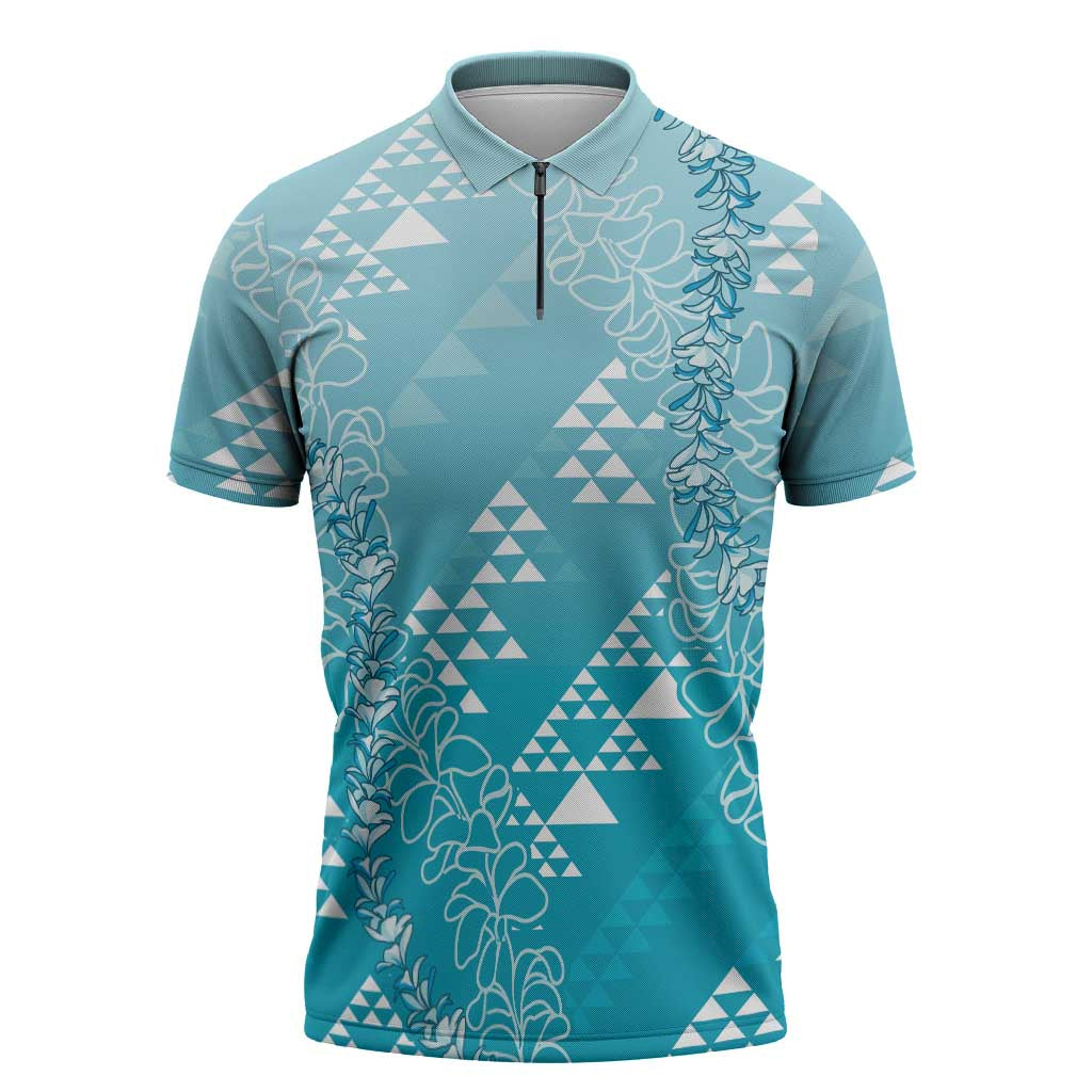Hawaii Turquoise Kapa Zipper Polo Shirt Vintage 'Ohe Kāpala Motifs Mix Plumeria Leis