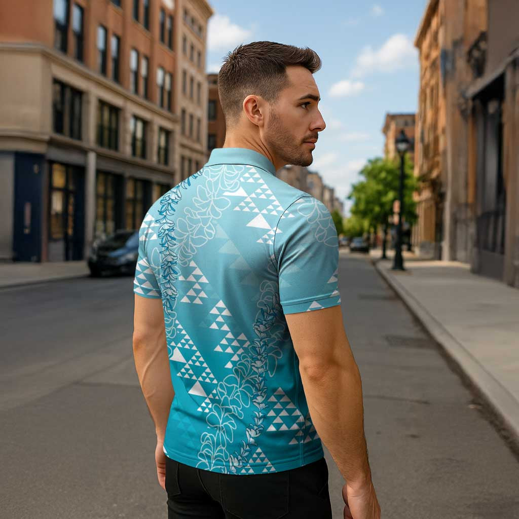 Hawaii Turquoise Kapa Zipper Polo Shirt Vintage 'Ohe Kāpala Motifs Mix Plumeria Leis