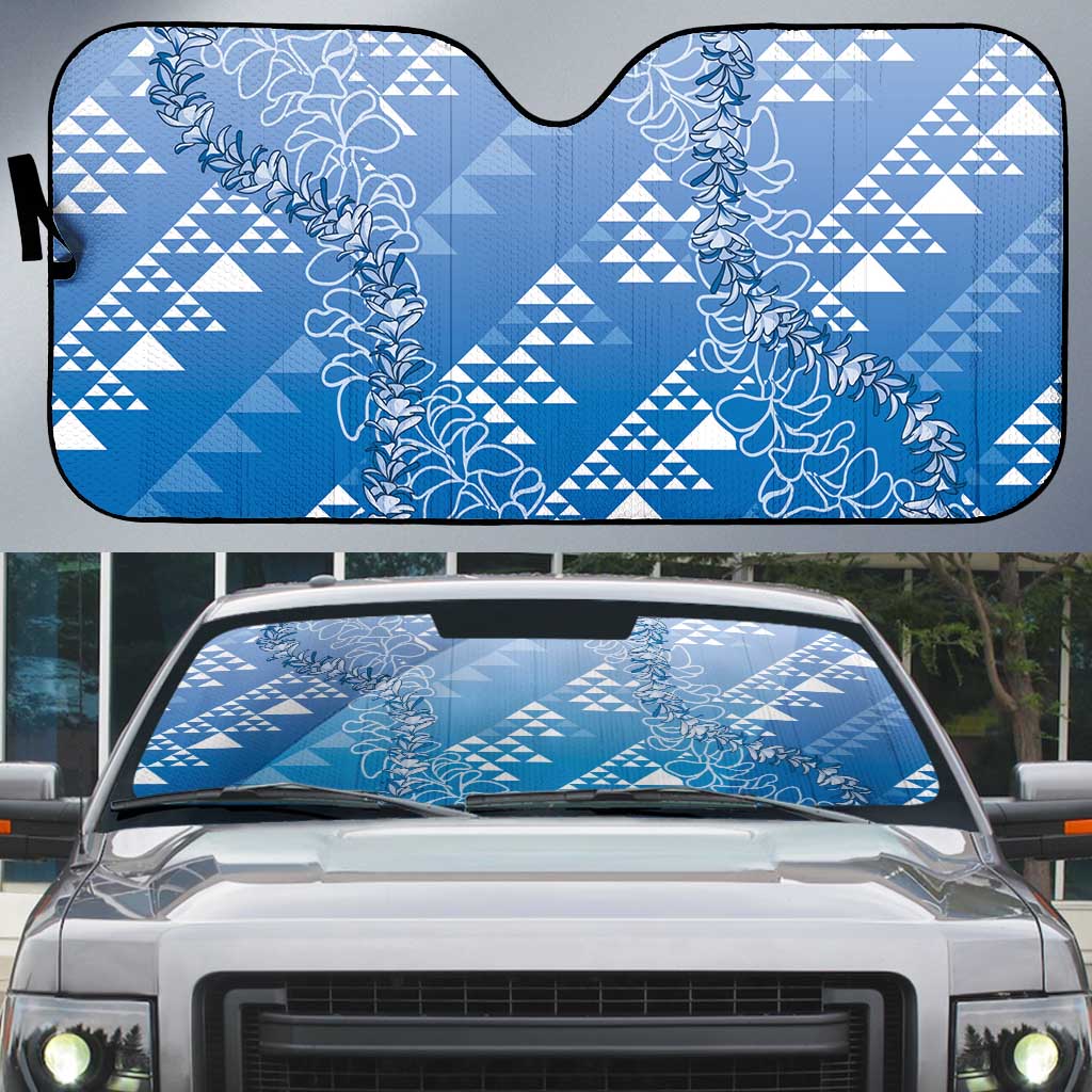 Hawaii Royal Blue Kapa Auto Sun Shade Vintage 'Ohe Kāpala Motifs Mix Plumeria Leis LT7 Royal Blue - Polynesian Pride