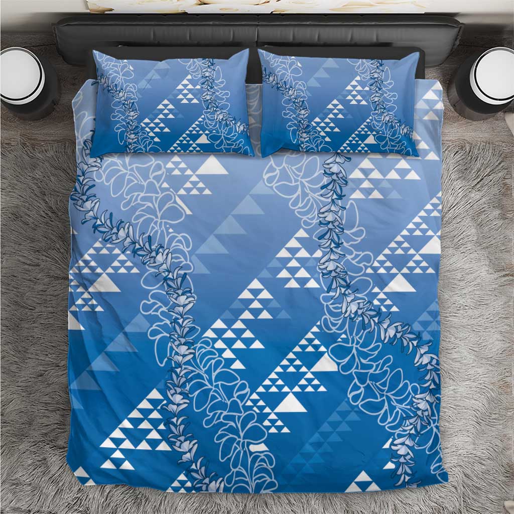 Hawaii Royal Blue Kapa Bedding Set Vintage 'Ohe Kāpala Motifs Mix Plumeria Leis