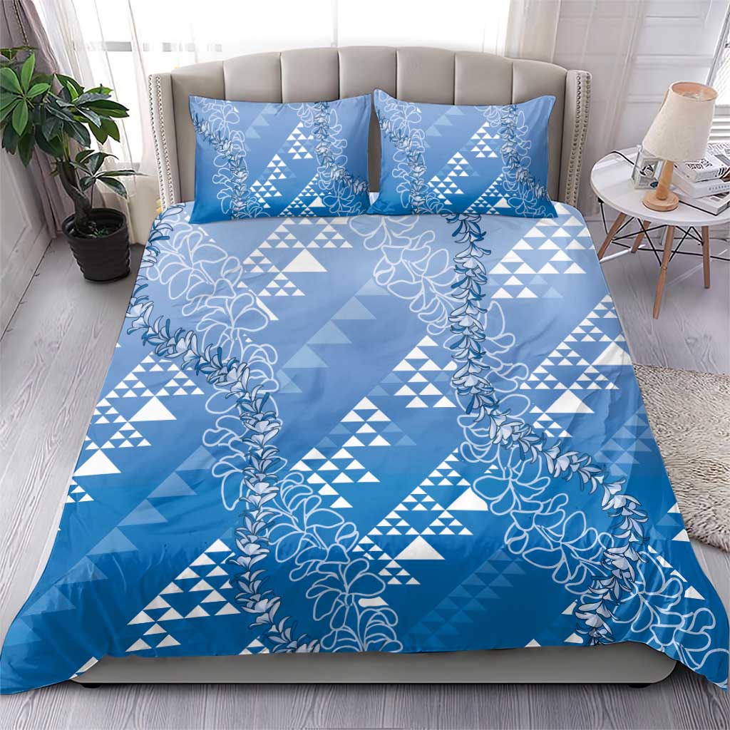 Hawaii Royal Blue Kapa Bedding Set Vintage 'Ohe Kāpala Motifs Mix Plumeria Leis
