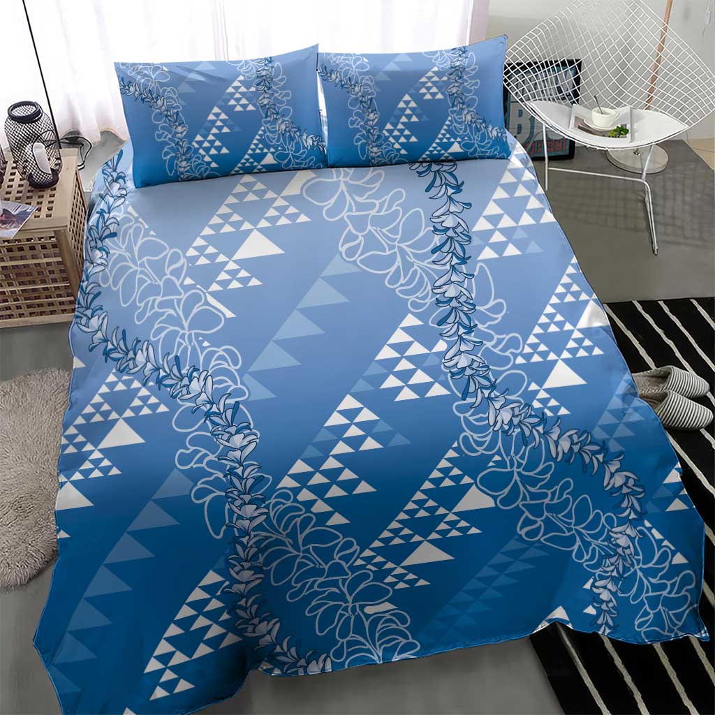 Hawaii Royal Blue Kapa Bedding Set Vintage 'Ohe Kāpala Motifs Mix Plumeria Leis