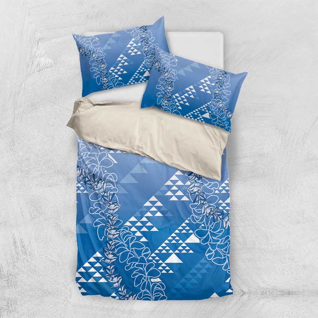 Hawaii Royal Blue Kapa Bedding Set Vintage 'Ohe Kāpala Motifs Mix Plumeria Leis