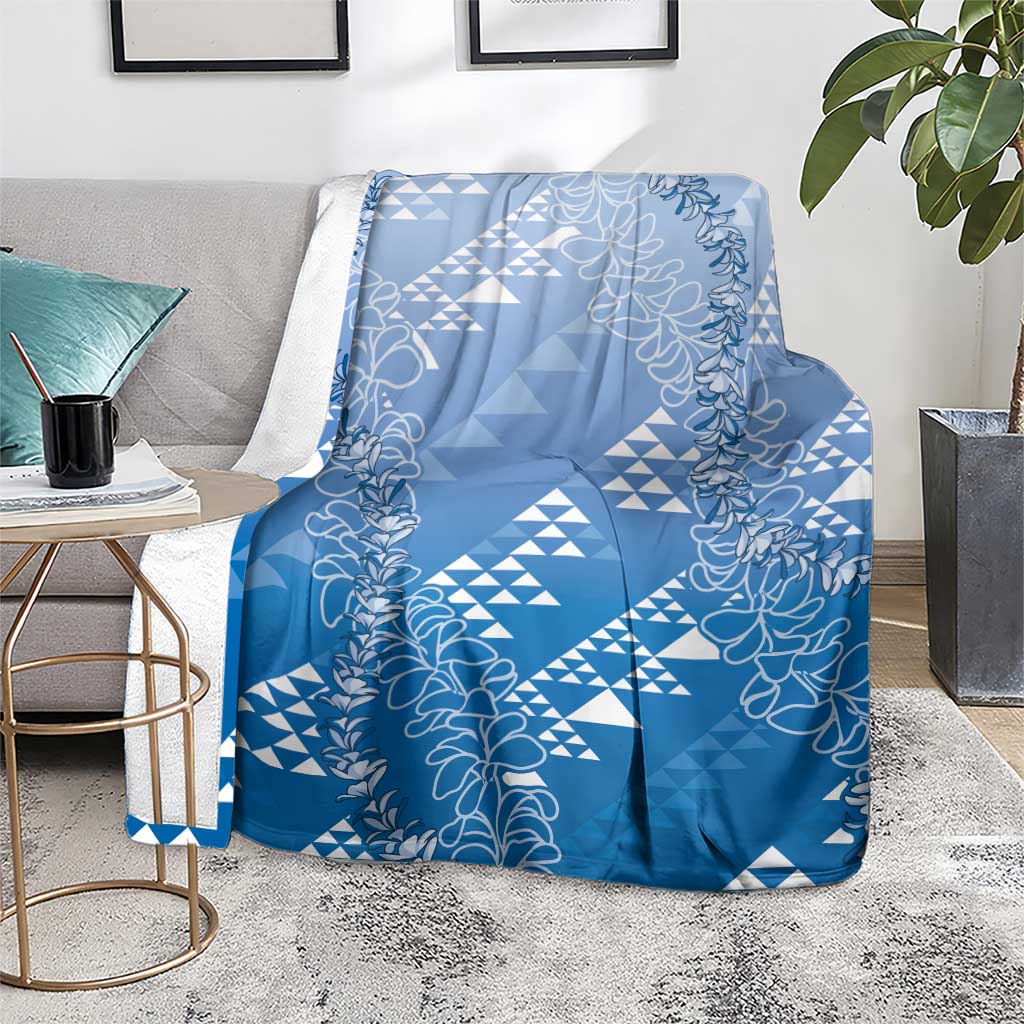Hawaii Royal Blue Kapa Blanket Vintage 'Ohe Kāpala Motifs Mix Plumeria Leis