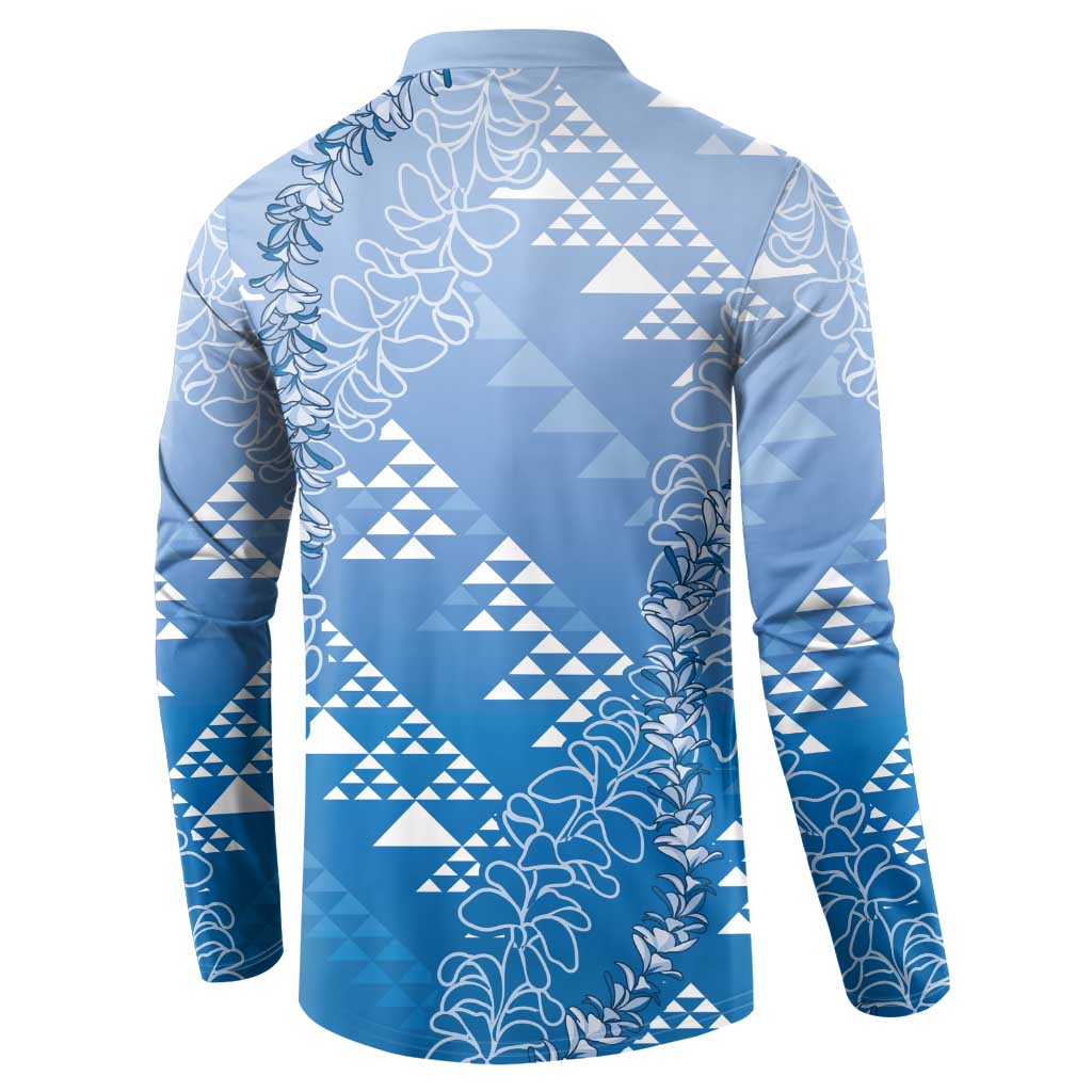 Hawaii Royal Blue Kapa Button Sweatshirt Vintage 'Ohe Kāpala Motifs Mix Plumeria Leis